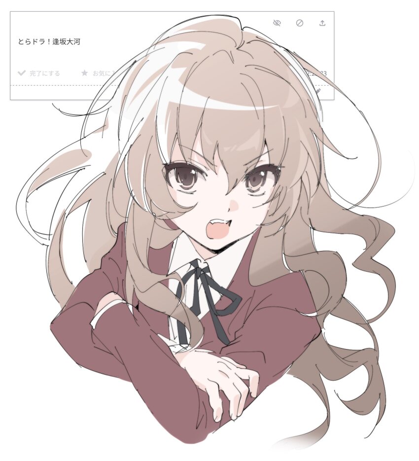 1girl, aisaka_taiga, black_ribbon, blazer, brown_eyes, brown_hair, collared_shirt, cropped_torso