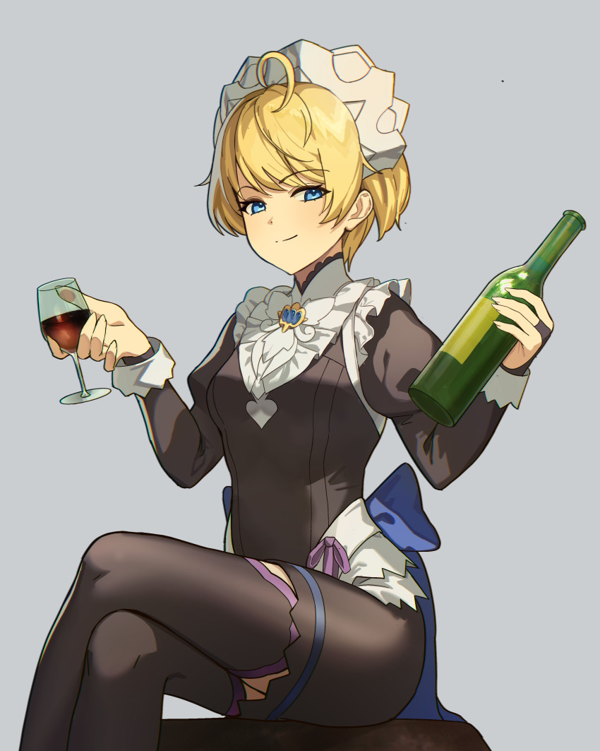 1girl, absurdres, ahoge, alcohol, alternate_costume, apron, ashamutoki, black_bridal_gauntlets