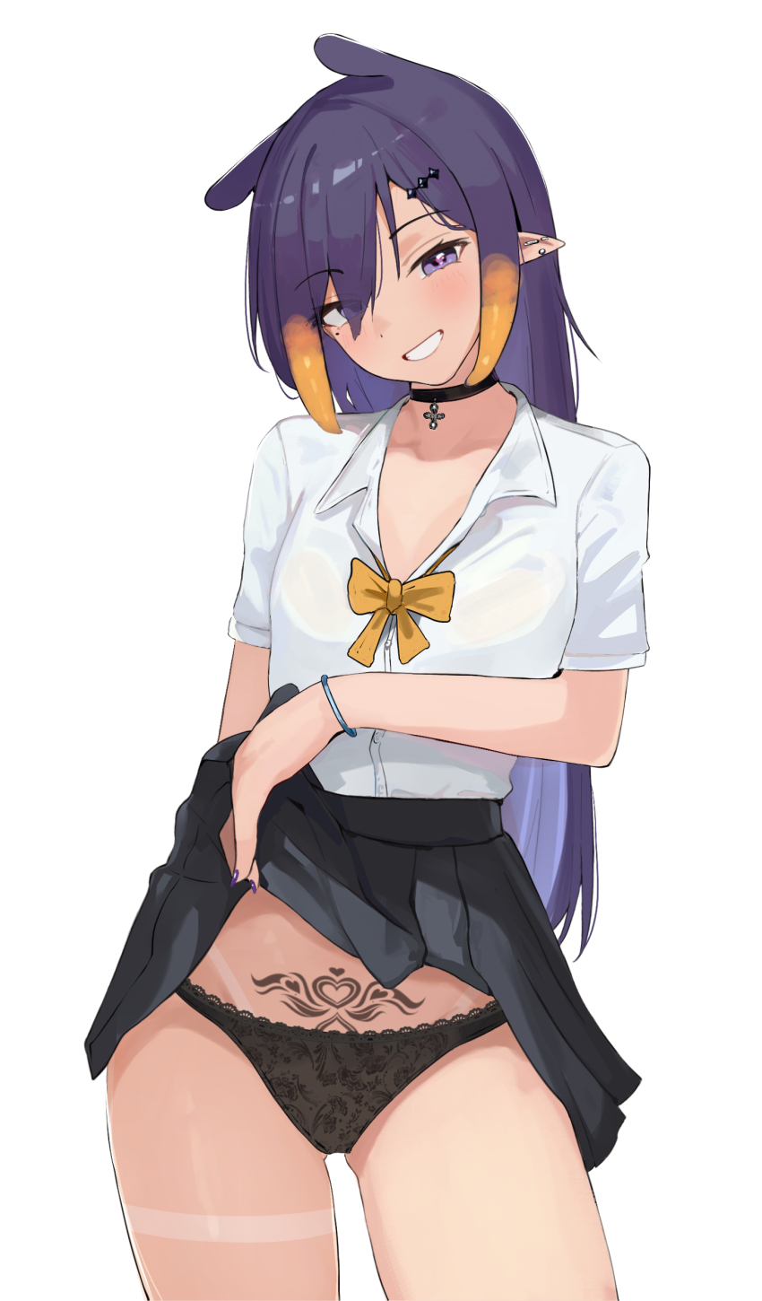1girl, absurdres, alternate_costume, black_choker, black_panties, black_skirt, bow, bowtie, choker, clothes_lift, collared_shirt, commentary, contrapposto, ear_piercing, earclip, english_commentary, gradient_hair, grin, hair_over_one_eye, head_tilt, heart, heart_tattoo, highres, hololive, hololive_english, ku_roiko, lace, lace-trimmed_panties, lace_trim, lifting_own_clothes, light_blush, long_hair, looking_at_viewer, miniskirt, mole, mole_under_eye, multicolored_hair, nail_polish, ninomae_ina'nis, orange_hair, panties, pendant_choker, piercing, pleated_skirt, pointy_ears, pubic_tattoo, pubic_tattoo_visible_through_clothes, purple_eyes, purple_hair, purple_nails, school_uniform, shirt, shirt_tucked_in, short_sleeves, sidelocks, skirt, skirt_lift, smile, solo, standing, swept_bangs, tan, tattoo, tentacle_hair, underwear, very_long_hair, virtual_youtuber, white_shirt, yellow_bow, yellow_bowtie