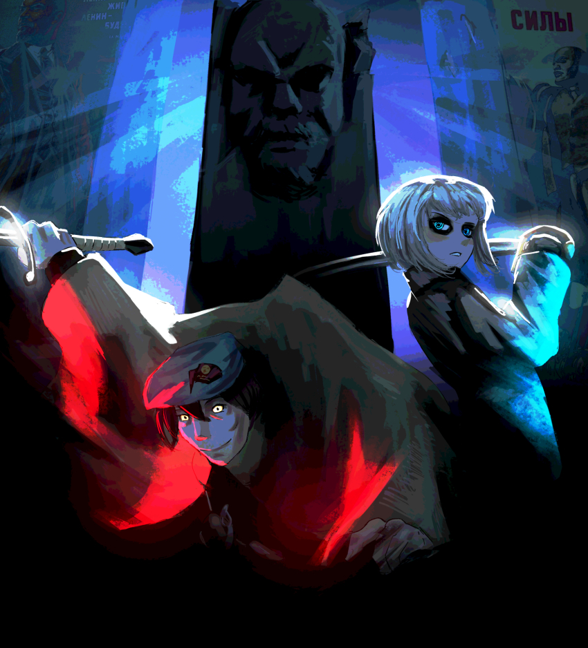 1boy, 1girl, android, arm_up, backlighting, baggy_clothes, bandolier, belt, beret, black_eyeshadow, black_hair, bloom, blue_eyes, blue_light, bust_(sculpture), coat, color_banding, color_contrast, commentary, communism, crazy_smile, dark, dark_room, dynamic_pose, explosive, eyeshadow, frown, grenade, hat, highres, holding, holding_sword, holding_weapon, hunched_over, indoors, iskander_dzhugashvili, ivantsg, lens_eye, light_rays, makeup, marie_(peripeteia), monument, painterly, parted_lips, peripeteia, pillar, poster_(object), red_light, russian_text, saber_(weapon), shadow, sidelighting, smile, swinging_weapon, sword, sword_of_stalingrad, translation_request, vladimir_lenin, weapon, white_hair, yellow_eyes