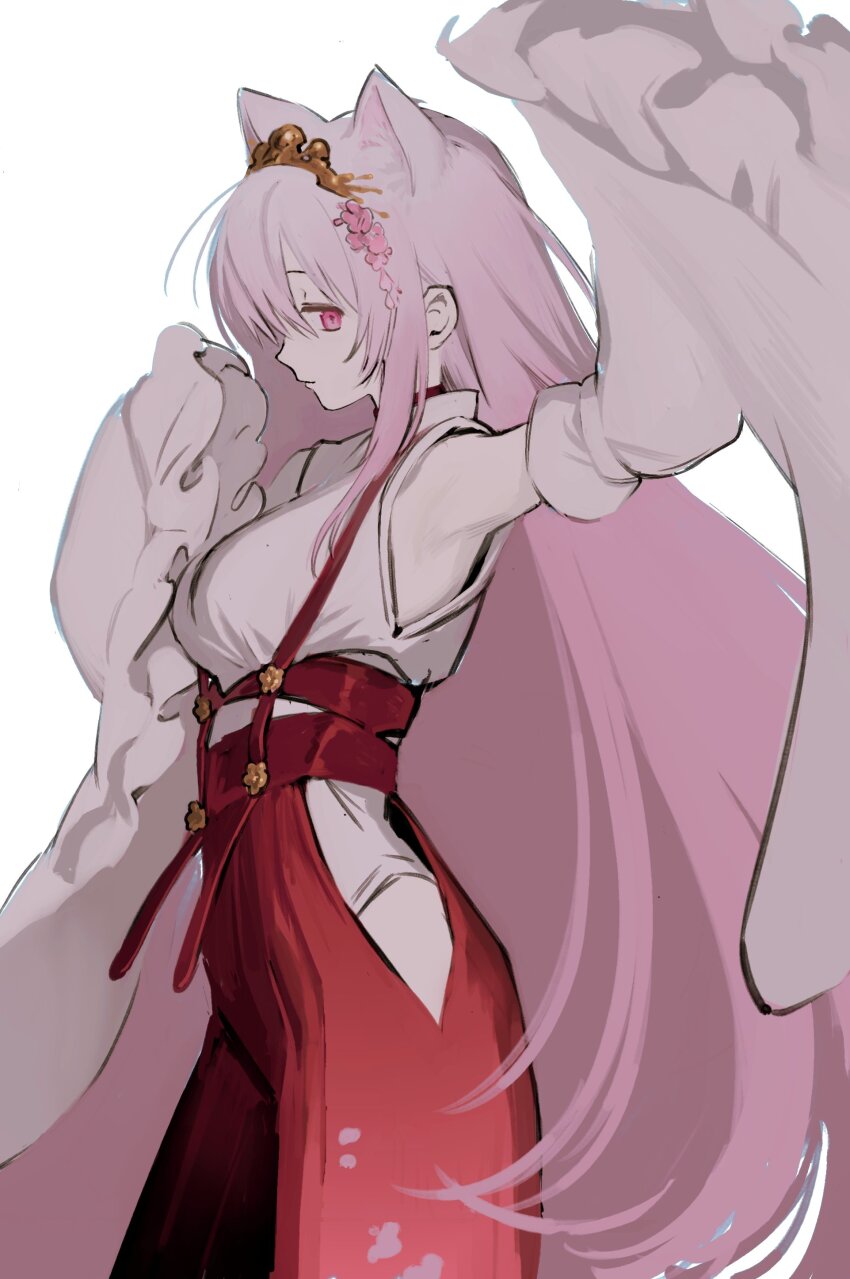 1girl, absurdres, animal_ears, arm_up, cat_ears, closed_mouth, clothing_cutout, cowboy_shot