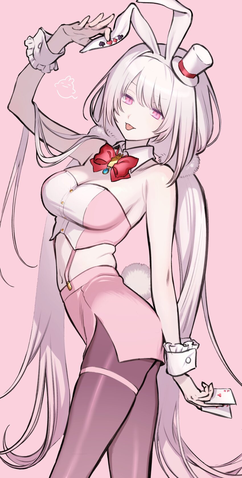 1girl, absurdres, ace_(playing_card), animal_ear_hairband, animal_ears, black_pantyhose, bow, bowtie, breasts, buttons, card, cleavage, contrapposto, cowboy_shot, crop_top, detached_collar, dt_777_tb, fake_animal_ears, fake_tail, hair_flowing_over, hair_ornament, hairband, hand_up, hat, highres, holding, holding_card, long_hair, looking_at_viewer, low_twintails, midriff, mini_hat, miniskirt, navel, nijisanji, official_alternate_costume, pantyhose, pink_background, pink_eyes, pink_skirt, playing_card, pom_pom_(clothes), pom_pom_hair_ornament, rabbit_ear_hairband, rabbit_ears, rabbit_tail, shiina_yuika, shiina_yuika_(12th_costume), side_slit, simple_background, skirt, smile, solo, standing, tail, thigh_strap, tongue, tongue_out, twintails, very_long_hair, virtual_youtuber, white_hair, wrist_cuffs