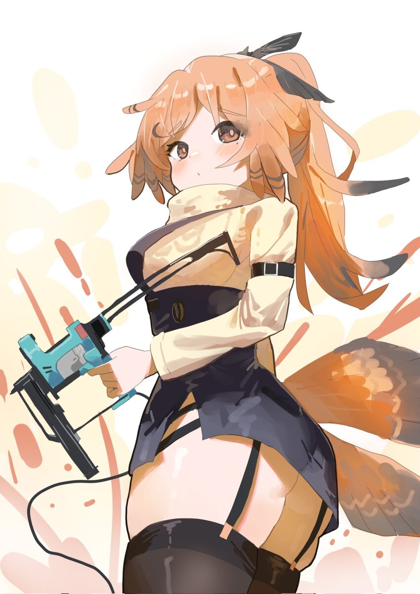 1girl, arknights, ass, black_thighhighs, blush, brown_eyes, brown_hair, chinese_commentary, closed_mouth, commentary, corrupted_twitter_file, cowboy_shot, from_below, garter_belt, highres, holding, hoshikawayoyami, long_sleeves, looking_at_viewer, medium_hair, pinecone_(arknights), ponytail, solo, standing, sweater, thighhighs, white_background, yellow_sweater