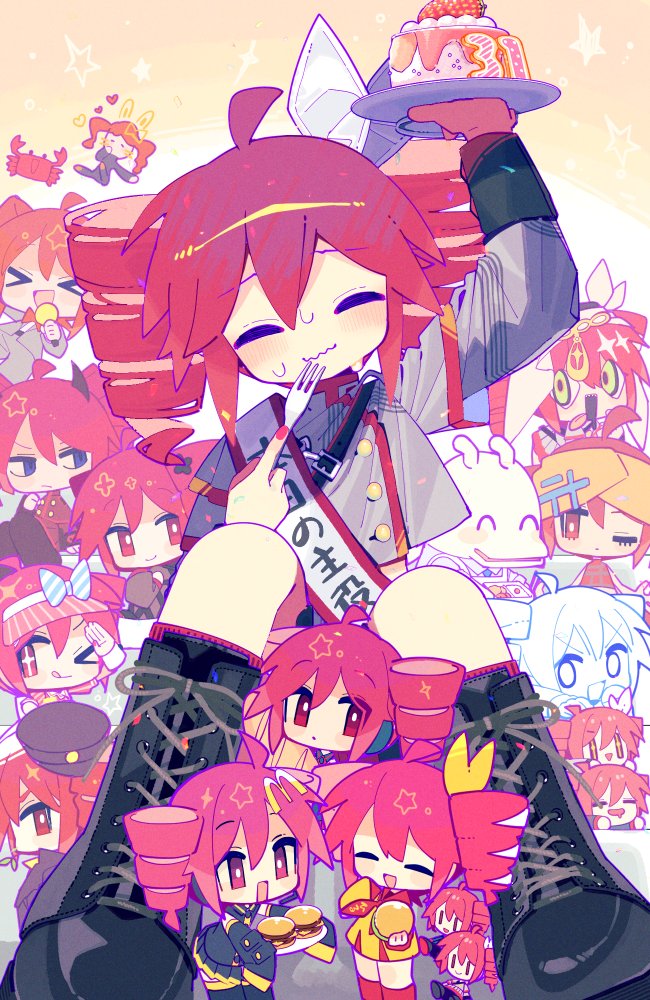 alternate_costume, alternate_eye_color, aoi_tsuyu, arm_up, birthday, black_boots, black_shirt, black_skirt