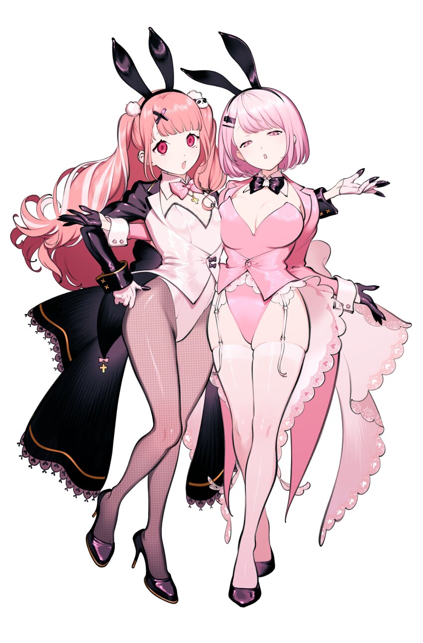 2girls, :o, absurdres, alternate_costume, animal_ear_hairband, animal_ears, arm_around_another's_back, back_bow