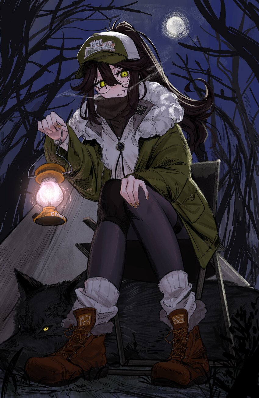 1girl, absurdres, baseball_cap, black_pantyhose, breath, brown_hair, coat, commentary