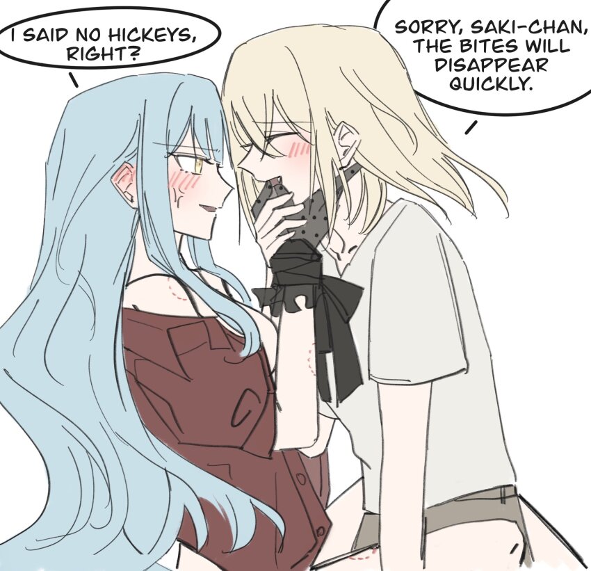 2girls, anger_vein, bang_dream!, bang_dream!_it's_mygo!!!!!, bite_mark, bite_mark_on_arm, bite_mark_on_shoulder, bite_mark_on_thigh, black_gloves, blonde_hair, blue_hair, blush, bound, bound_wrists, chinese_commentary, closed_eyes, commentary_request, ear_blush, english_text, fang, finger_in_another's_mouth, gloves, grey_panties, hand_on_another's_face, highres, kira_reader, long_hair, medium_hair, misumi_uika, multiple_girls, off_shoulder, open_mouth, panties, parted_lips, red_shirt, shirt, speech_bubble, togawa_sakiko, underwear, white_shirt, yellow_eyes, yuri