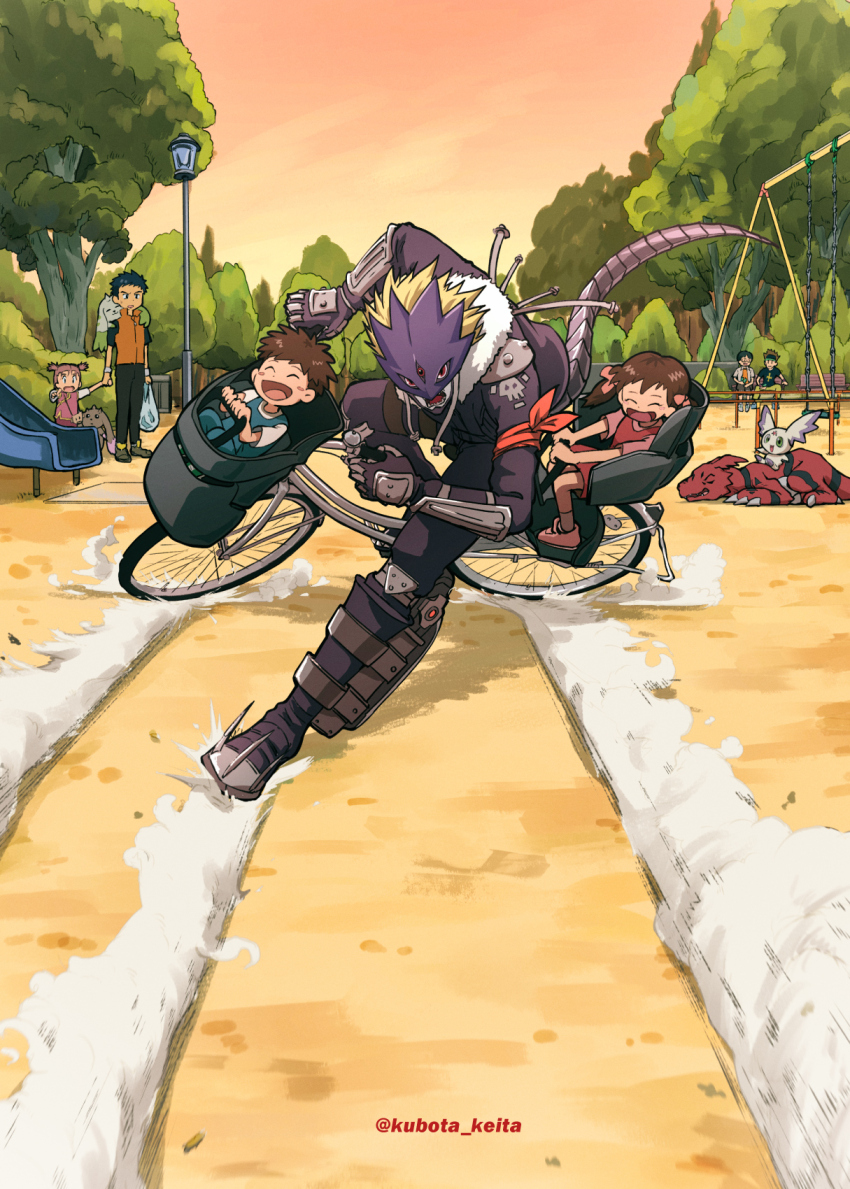 2girls, 5boys, ai_(digimon_tamers), akira_(manga), akira_slide, beelzebumon, bicycle, black_jacket, black_pants, brother_and_sister, brown_hair, closed_eyes, cropped_jacket, culumon, digimon, digimon_(creature), digimon_tamers, group_picture, guilmon, highres, jacket, kitagawa_kenta, kubota_keita, lee_jianliang, lee_shaochung, makoto_(digimon_tamers), multiple_boys, multiple_girls, open_mouth, pants, park, red_eyes, riding, riding_bicycle, sharp_teeth, shiota_hirokazu, siblings, teeth, terriermon, third_eye, twitter_username