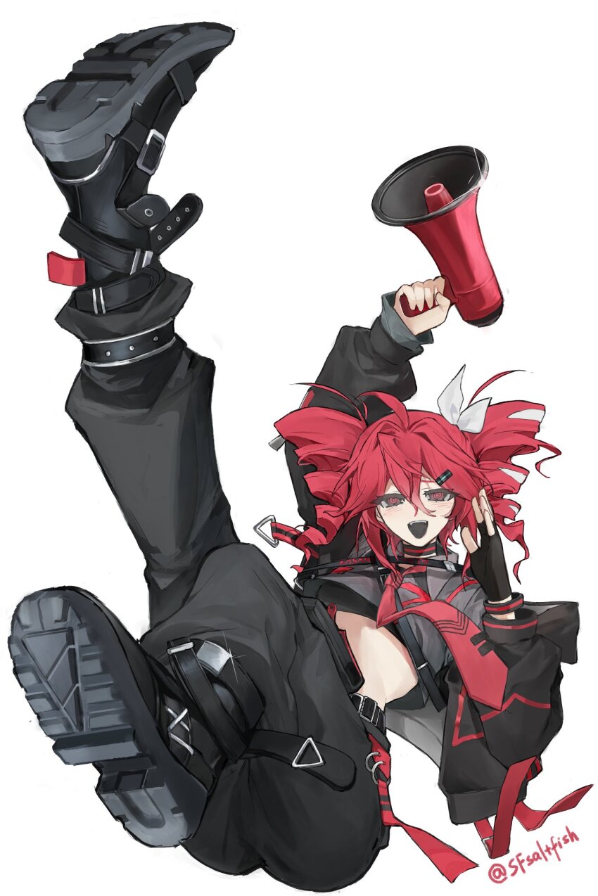 1girl, adapted_costume, ahoge, alternate_costume, arm_up, belt, birthday, black_belt