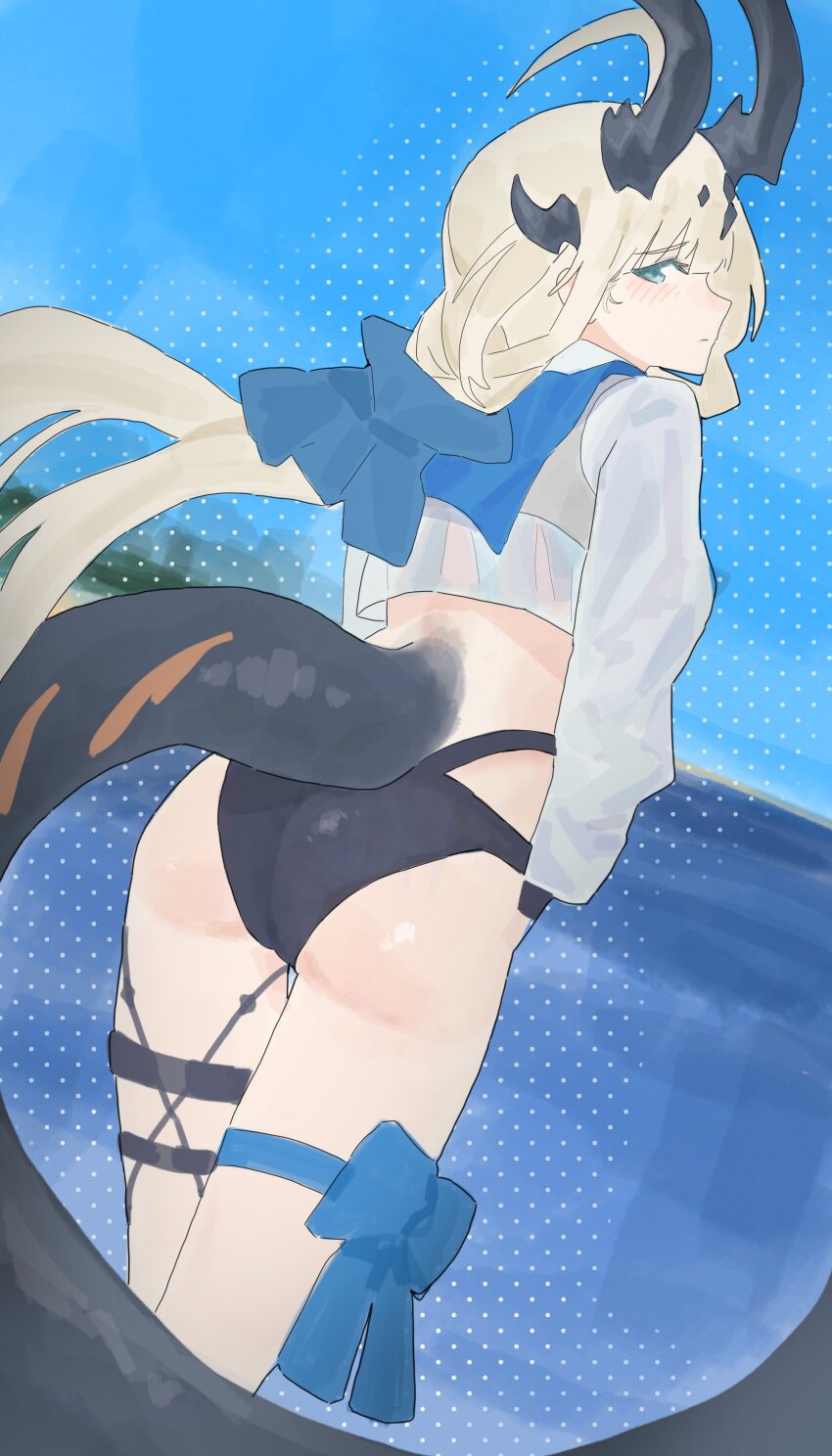 1girl, absurdres, arknights, ass, bikini, black_bikini, black_horns, black_tail