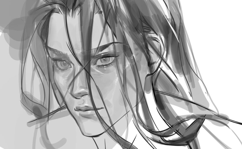 1boy, ashina_kasa, closed_mouth, commentary, curtained_hair, english_commentary, eyelashes, greyscale