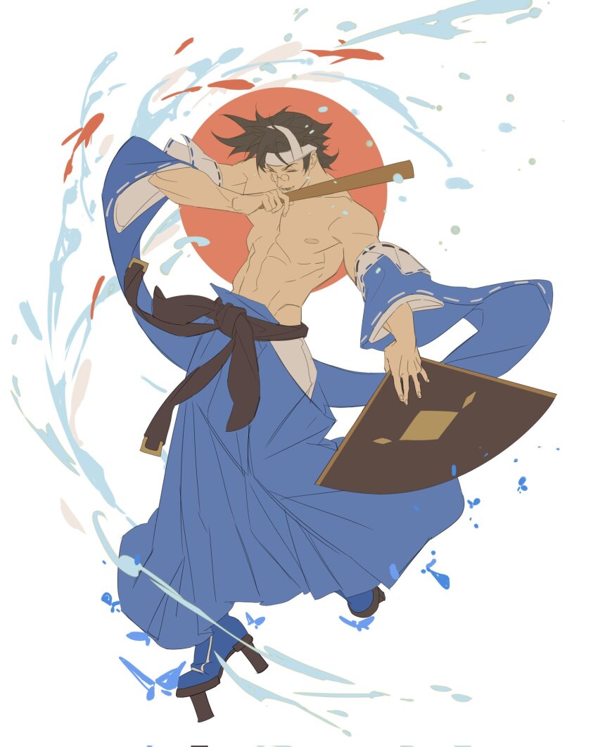 1boy, abs, ashina_kasa, black_sash, blue_kimono, brown_hair, chinese_commentary, closed_eyes