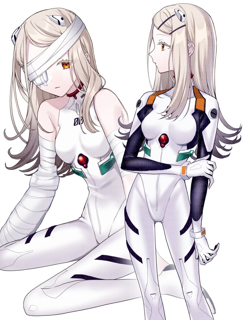 1girl, akikuriii, ayanami_rei, ayanami_rei_(cosplay), bandage_over_one_eye, bandaged_arm, bandages, bare_shoulders