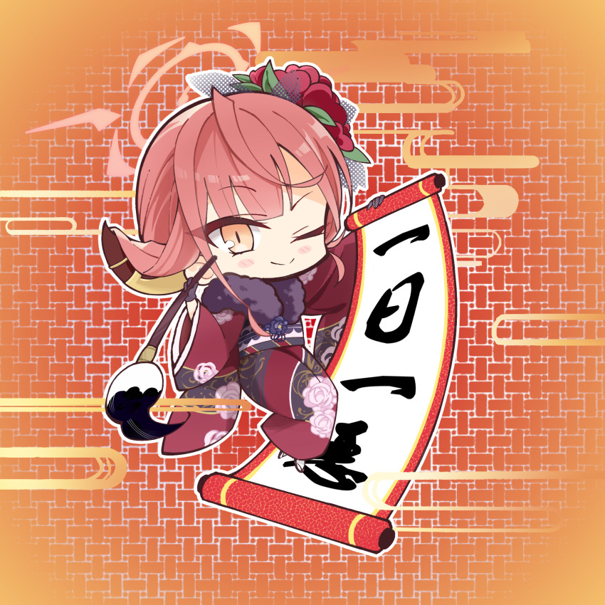 1girl, ;), aru_(blue_archive), aru_(new_year)_(blue_archive), blue_archive, blunt_bangs, blush_stickers, calligraphy_brush