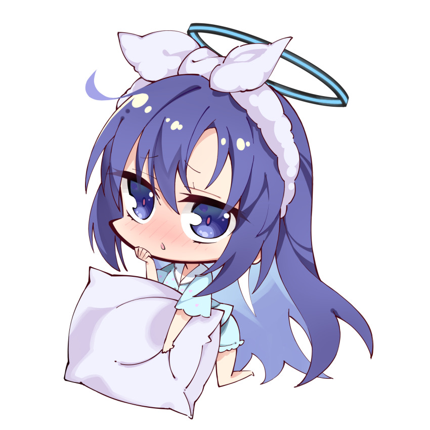 1girl, animal_print, black_halo, blue_archive, blue_eyes, blue_pajamas, blush, bow