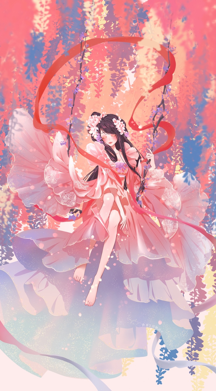 1girl, absurdres, barefoot, black_hair, blush, character_request, cherry_blossoms, chinese_clothes