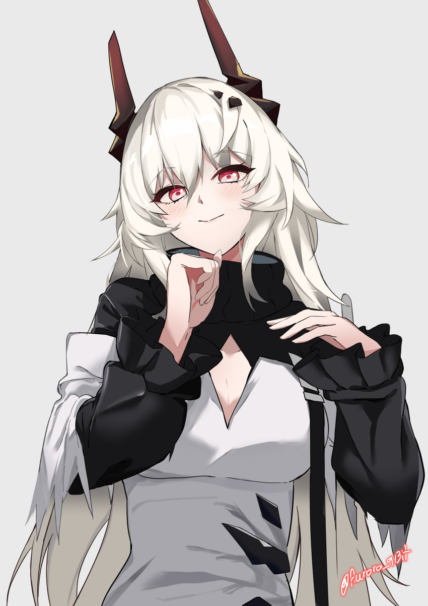 1girl, 9bit, absurdres, arknights, black_dress, black_horns, blush, breasts