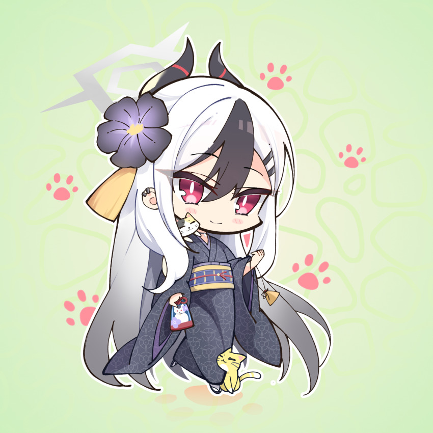 1girl, parallel_hairclips, animal, animal_on_shoulder, black_flower, black_hair, black_horns, black_kimono, blue_archive, blush_stickers, bright_pupils, cat, cat_on_shoulder, charm_(object), chibi, clenched_hand, closed_mouth, commentary, demon_girl, demon_horns, ear_piercing, flower, full_body, furisode, fuyou_lev, gradient_hair, green_background, grey_halo, hair_flower, hair_ornament, hairclip, halo, hand_up, happy, highres, holding, holding_charm, horns, japanese_clothes, kanzashi, kayoko_(blue_archive), kayoko_(new_year)_(blue_archive), kimono, long_sleeves, looking_at_viewer, multicolored_hair, official_alternate_costume, official_alternate_hairstyle, paw_print, piercing, red_eyes, simple_background, smile, solo, split_mouth, standing, tassel, tassel_hair_ornament, two-tone_hair, white_hair, white_pupils, wide_sleeves, yellow_cat