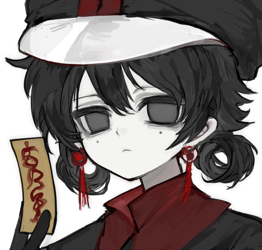1girl, black_gloves, black_hair, black_hat, black_jacket, chinese_commentary, closed_mouth, colored_skin