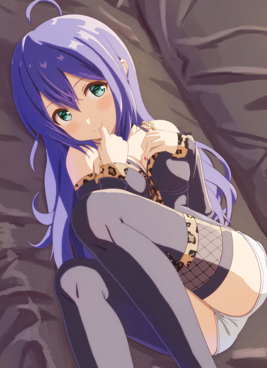 1girl, absurdres, ahoge, animal_print, bare_shoulders, black_shirt, black_thighhighs, blush