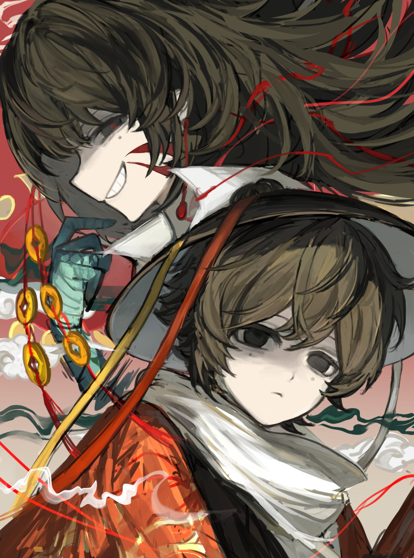 2boys, absurdres, bandaged_arm, bandaged_hand, bandages, black_hair, cen_boyao, chinese_commentary