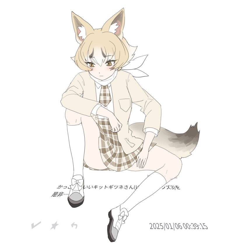 1girl, animal_ears, blonde_hair, brown_eyes, brown_jacket, chicha_(chi_cha_rigbo), extra_ears, fox_ears