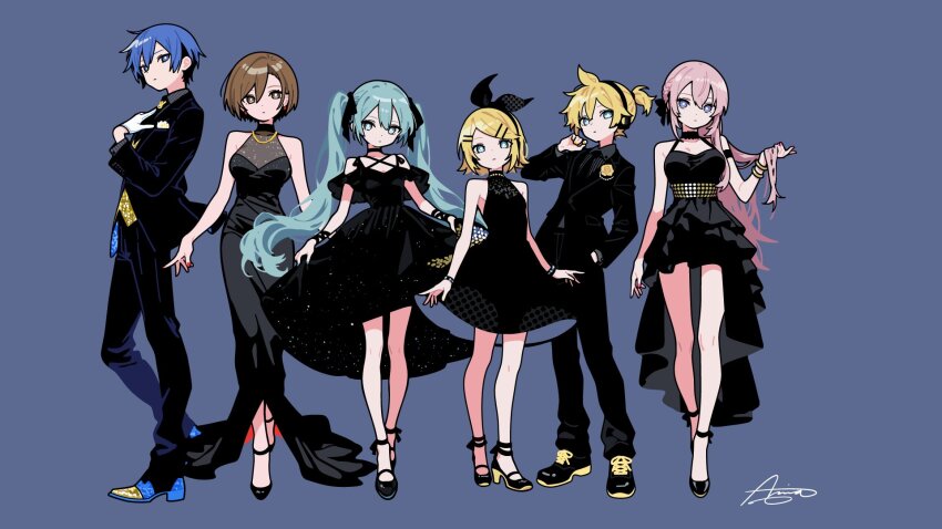 2boys, 4girls, alternate_costume, ameniwa, aqua_eyes, aqua_hair, aqua_nails, back_bow