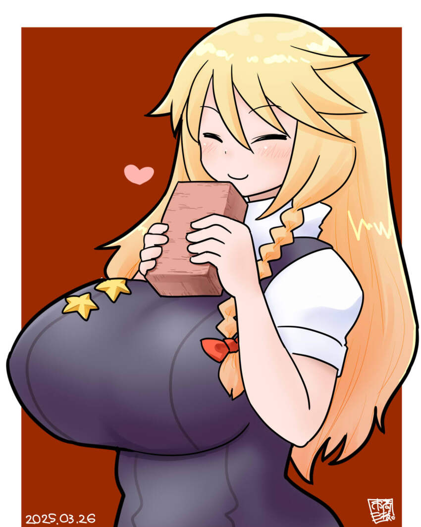 1girl, black_vest, blonde_hair, blush, bow, braid, breasts, brick