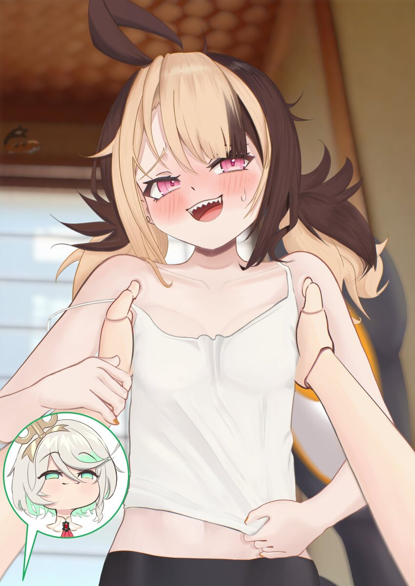 2girls, absurdres, ahoge, blush, brown_hair, cecilia_immergreen, collarbone, doll_joints, gigi_murin, green_eyes, green_hair, grem_(gigi_murin), grey_hair, highres, hololive, hololive_english, indoors, joints, lifting_person, multicolored_hair, multiple_girls, open_mouth, pink_eyes, shirt, short_hair, smug, squaerart, streaked_hair, sweat, tank_top, twintails, two-tone_hair, virtual_youtuber, winding_key