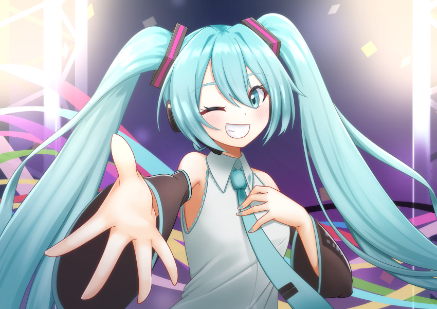 1girl, ;d, absurdres, aqua_eyes, aqua_hair, aqua_necktie, black_sleeves, collared_shirt