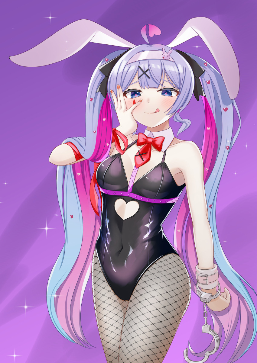 1girl, :q, absurdres, ahoge, black_leotard, blue_eyes, center-flap_bangs, clothing_cutout