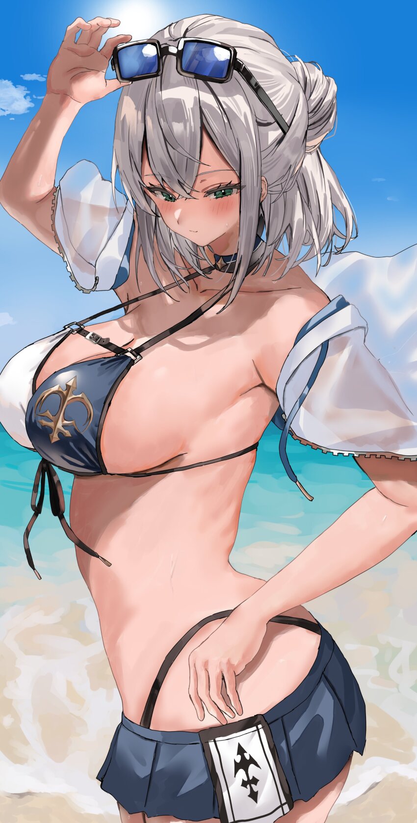 1girl, absurdres, adjusting_eyewear, aqua_eyes, beach, bikini, bikini_skirt, black-framed_eyewear