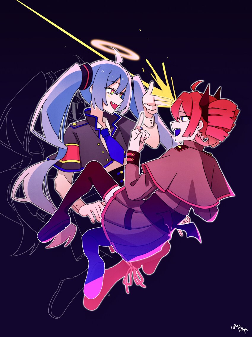 2girls, absurdres, ahoge, black_boots, black_jacket, blue_eyes, blue_hair, blur_censor, boots, censored, collared_shirt, cropped_jacket, daidaidaidaidaikirai, different_shadow, drill_hair, eye_contact, fang, finger_gun, finger_gun_to_head, full_body, grey_jacket, grey_skirt, halo, hatsune_miku, highres, horns, jacket, kasane_teto, kasane_teto_(sv), long_hair, long_sleeves, looking_at_another, middle_finger, multiple_girls, open_mouth, red_eyes, red_hair, sharp_teeth, shirt, short_hair, signature, skirt, smile, sonoda_payapaya, synthesizer_v, teeth, thigh_boots, twin_drills, utau, vocaloid, white_shirt, wings