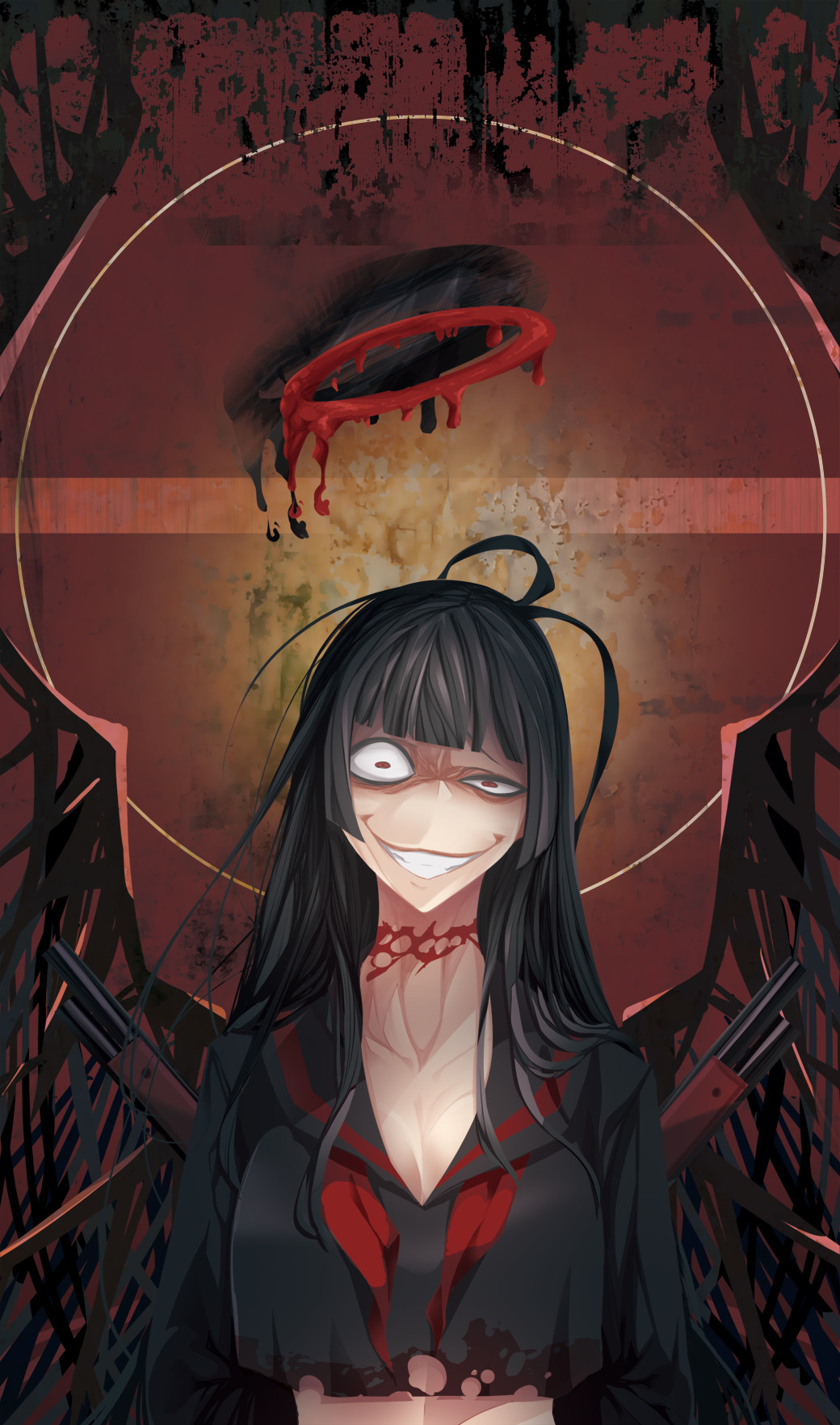 1girl, black_hair, black_sailor_collar, black_shirt, black_wings, blue_archive, blunt_bangs, breasts