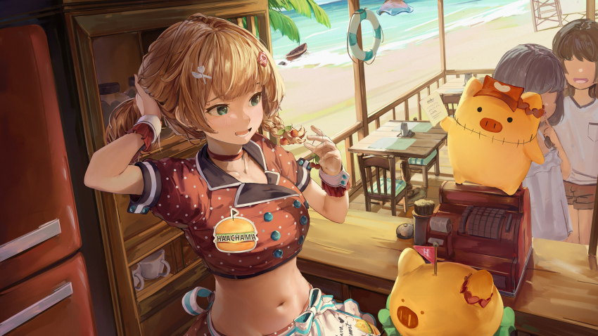 3girls, akai_haato, akai_haato_(waitress), apron, beach, blonde_hair, cash_register, commentary