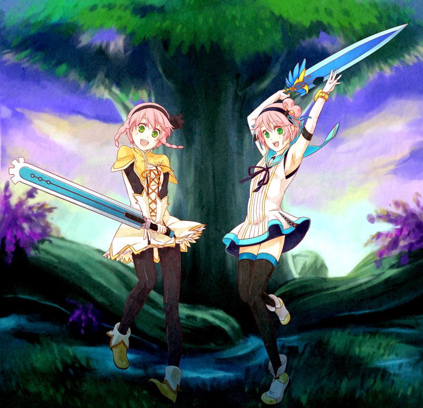 2girls, :d, alfa_system, armpits, bad_id, bad_pixiv_id, black_legwear, blue_sailor_collar