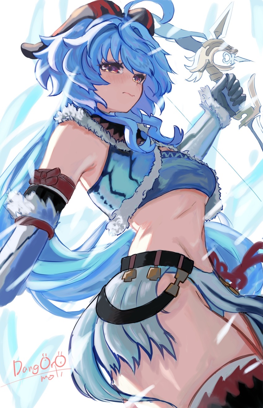 1girl, absurdres, ahoge, alternate_costume, amos'_bow_(genshin_impact), arm_armor, bandeau, black_gloves, blue_bandeau, blue_hair, bow_(weapon), breasts, closed_mouth, commentary_request, cowboy_shot, cropped_jacket, crossover, cryokinesis, dang0r0moti, floating_hair, fur-trimmed_jacket, fur_trim, ganyu_(genshin_impact), genshin_impact, gloves, goat_horns, highres, holding, holding_bow_(weapon), holding_weapon, horns, jacket, kirin_(armor), long_hair, looking_at_viewer, medium_breasts, midriff, monster_hunter_(series), navel, purple_eyes, simple_background, skirt, solo, twisted_torso, very_long_hair, wavy_mouth, weapon, white_background