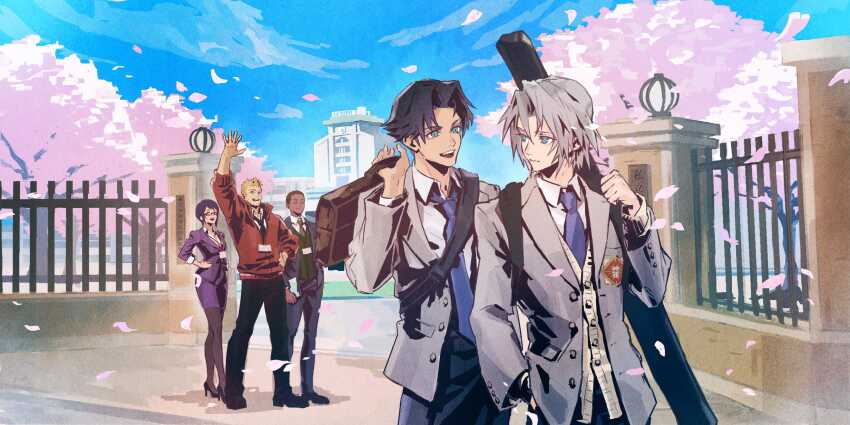 1girl, 4boys, absurdres, angeal_hewley, angeal_hewley_(shinra_private_academy), aqua_eyes, bag, black_hair, black_necktie, black_pants, black_pantyhose, blue_necktie, cardigan, cherry_blossoms, closed_eyes, collared_shirt, dark-skinned_male, dark_skin, final_fantasy, final_fantasy_vii, final_fantasy_vii:_ever_crisis, fujise_lisa, full_body, glasses, glenn_lodbrok, green_sweater, grey_hair, grey_jacket, hair_between_eyes, hand_on_own_hip, highres, holding, holding_bag, jacket, lanyard, lucia_lin, matt_winsord, multiple_boys, necktie, official_alternate_costume, official_art, open_clothes, open_mouth, pants, pantyhose, parted_bangs, purple_skirt, red_jacket, school, school_uniform, sephiroth, sephiroth_(ever_crisis), sephiroth_(shinra_private_academy), shirt, short_hair, skirt, smile, square_enix, suit_jacket, sweater, upper_body, very_short_hair, waving