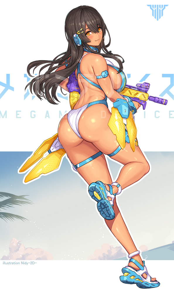 1girl, artist_name, ass, asura_archer_aoi, back, breasts, brown_hair, competition_swimsuit, copyright_name, dark_skin, earphones, full_body, gun, holding, holding_gun, holding_weapon, large_breasts, logo, long_hair, looking_back, megami_device, nidy, one-piece_swimsuit, orange_eyes, sandals, simple_background, smile, solo, standing, standing_on_one_leg, swimsuit, tachi-e, thigh_strap, weapon, white_background
