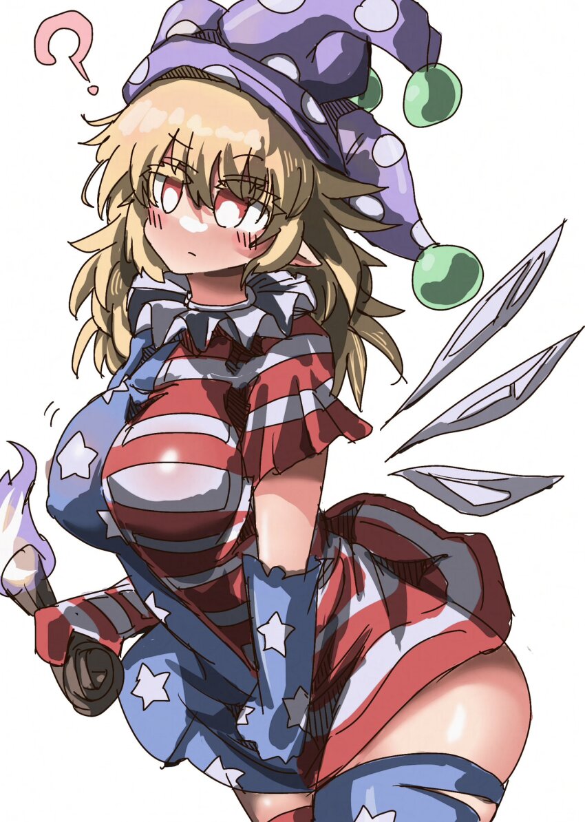 1girl, ?, american_flag, american_flag_dress, american_flag_gloves, american_flag_legwear, american_flag_print, blonde_hair