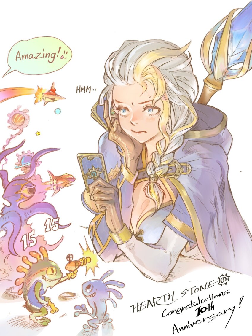 1girl, anniversary, blonde_hair, blonde_streaks, blue_cloak, blue_eyes, braid, breasts