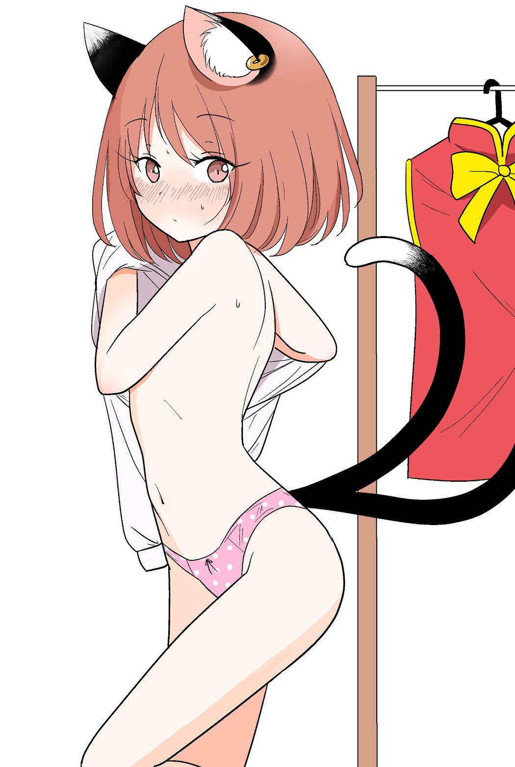 animal_ear_fluff, animal_ear_piercing, animal_ears, ass, blush, brown_eyes, brown_hair, cat_ears, chen, closed_mouth, clothes_hanger, earrings, highres, jewelry, looking_at_viewer, multiple_tails, navel, nekomata, panties, pink_panties, shiisuu_rattamu, shirt, short_hair, single_earring, sweat, tail, thighs, touhou, two_tails, underwear, undressing, white_shirt