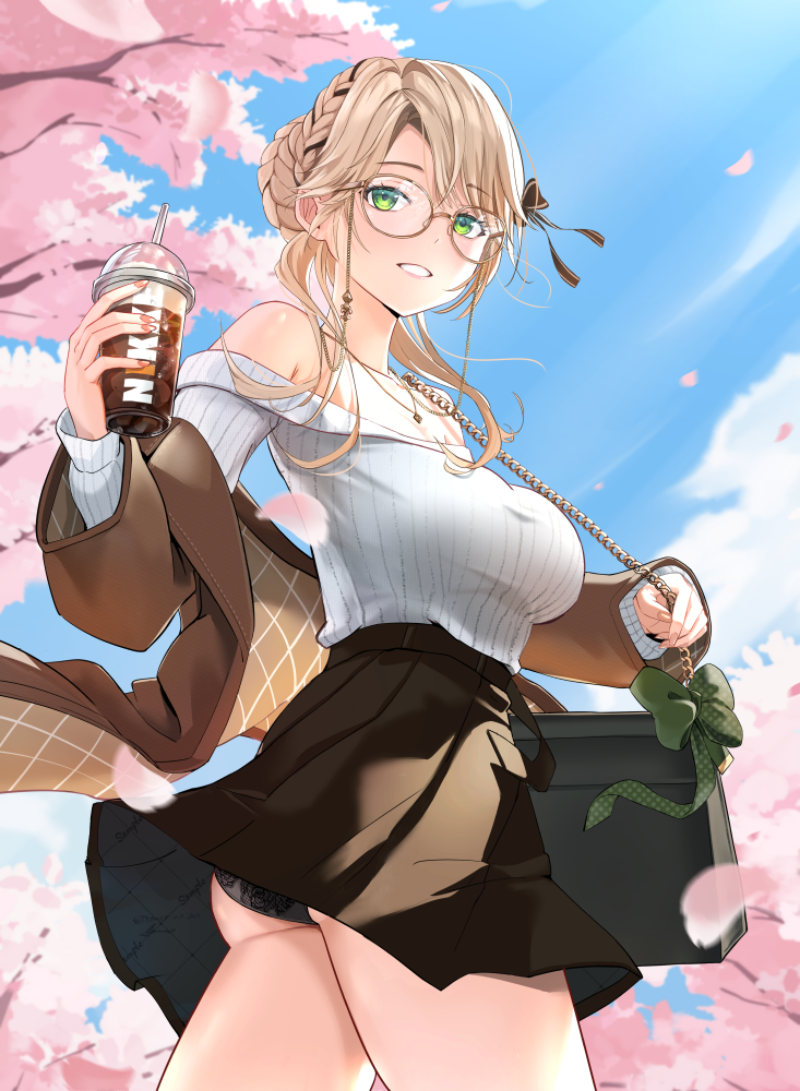 1girl, ade_(maid_in_spring)_(nikke), ade_(nikke), ammo21204760, bag, braid, breasts, brown_coat