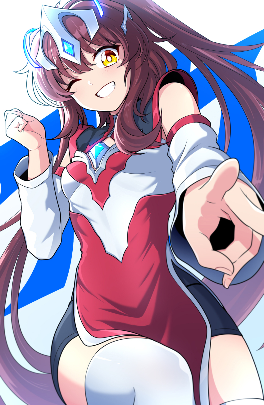1girl, ;d, bike_shorts, black_shorts, blue_gem, breasts, brown_hair, character_name, clenched_hand, color_timer, commentary, cowboy_shot, detached_sleeves, dress, fingernails, forehead_jewel, gem, genderswap, genderswap_(mtf), ginga_no_kou, grin, hair_between_eyes, hand_up, headgear, highres, knee_up, light_blush, long_hair, looking_at_viewer, medium_dress, multicolored_dress, one_eye_closed, open_mouth, red_dress, shorts, shorts_under_dress, side_slit, silver_dress, sleeveless, sleeveless_dress, small_breasts, smile, solo, thighhighs, thighs, tokusatsu, twintails, ultra_series, ultraman_arc, ultraman_arc_(series), v, very_long_hair, white_background, white_thighhighs, yellow_eyes
