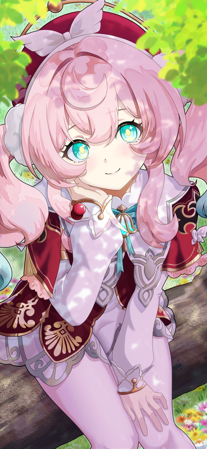 1girl, absurdres, blue_eyes, blue_hair, closed_mouth, commentary_request, dappled_sunlight, day