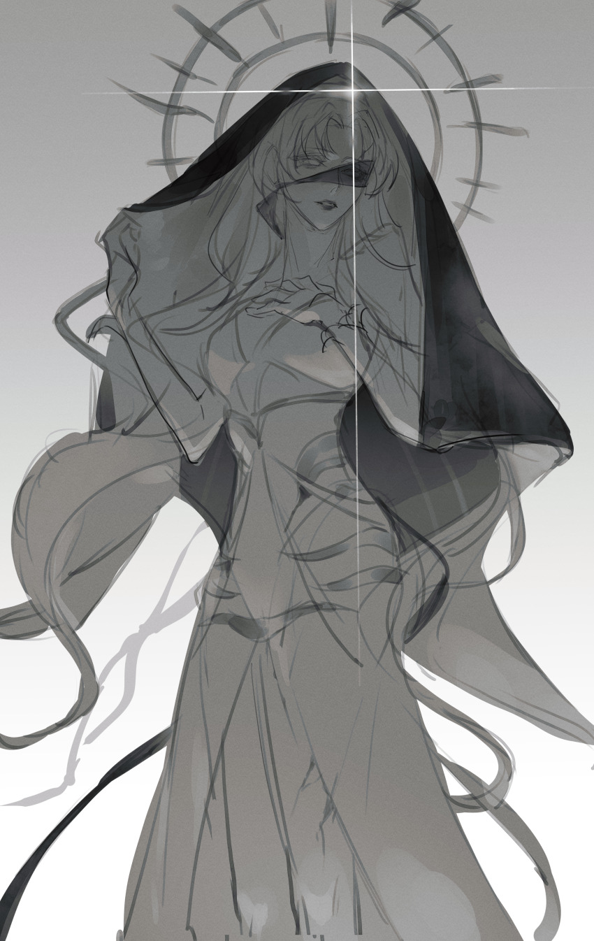 1girl, absurdres, blindfold, blindfold_slip, breasts, bridal_gauntlets, cleavage, commentary_request