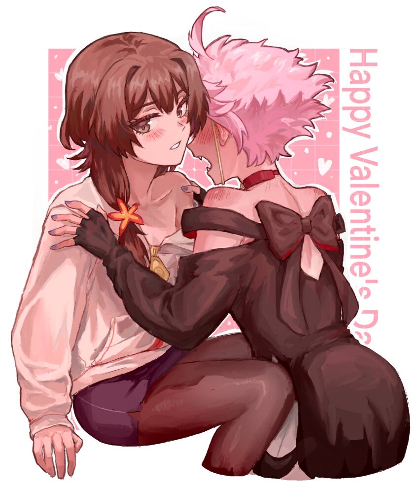 2girls, ahoge, blush, brown_eyes, brown_hair, cropped_legs, fangs, fingerless_gloves, gloves, hand_on_another's_shoulder, happy_valentine, highres, jacket, live_(mayonaka_punch), long_hair, looking_to_the_side, masaki_(mayonaka_punch), mayonaka_punch, medium_hair, multiple_girls, nail_polish, open_mouth, pantyhose, pink_hair, simple_background, skirt, track_jacket, vampire, white_background, wjingd1, yuri