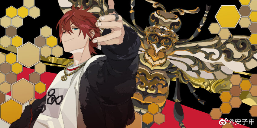 amagi_hiiro, anzishen, bee, black_jacket, blue_eyes, bug, closed_mouth, earrings