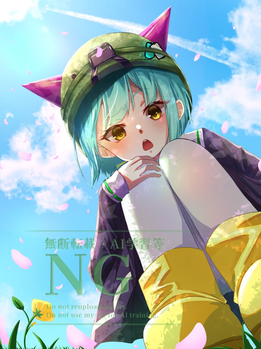 1girl, blue_sky, bungo_yayoi, fake_horns, green_hair, hat, heaven_burns_red, helmet, highres, holmes_hvbn, horns, open_mouth, pantyhose, school_uniform, serafuku, short_hair, skirt, sky, solo, squatting, white_pantyhose, yellow_eyes