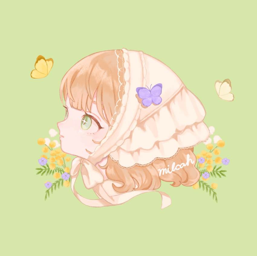 1girl, artist_name, blonde_hair, blush, bug, butterfly, eyelashes, flower